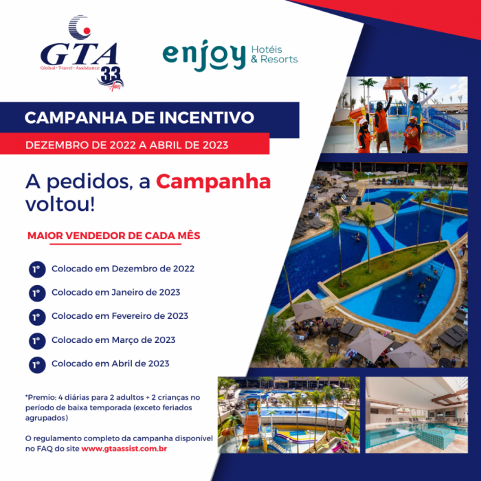 GTA premiará 5 agentes de viagens com diárias no Enjoy Solar das Águas 1 Até abril, maiores emissores de seguro viagem terão direito a hospedagem no resort (Foto: reprodução)
