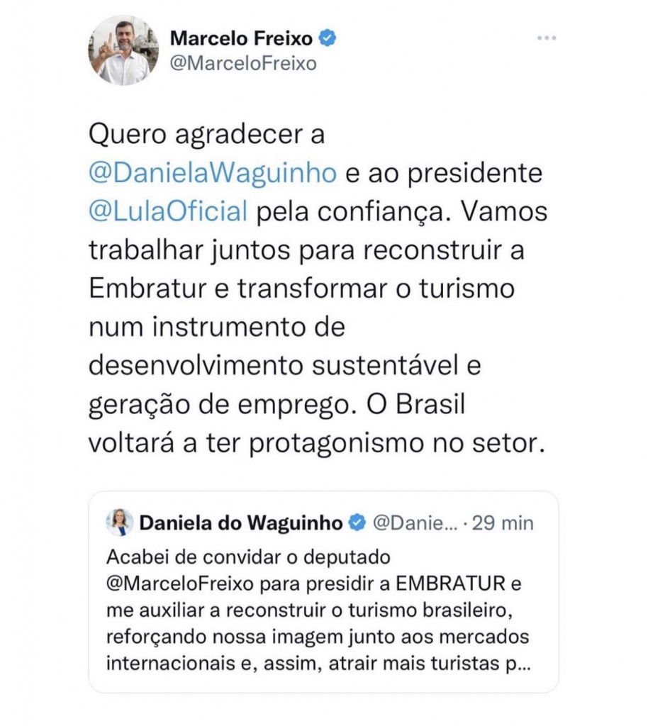 Marcelo Freixo assume comando e promete reconstruir a Embratur 2 Novidade foi anunciada nas redes sociais de Daniela Carneiro e Marcelo Freixo