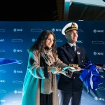 Alexa Aponte-Vago realizou o tradicional corte da fita para inaugurar oficialmente o navio