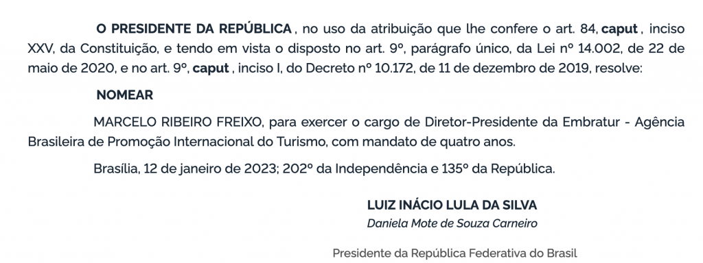 Marcelo Freixo é oficialmente nomeado presidente da Embratur Screenshot 2023-01-13 at 11.20.04