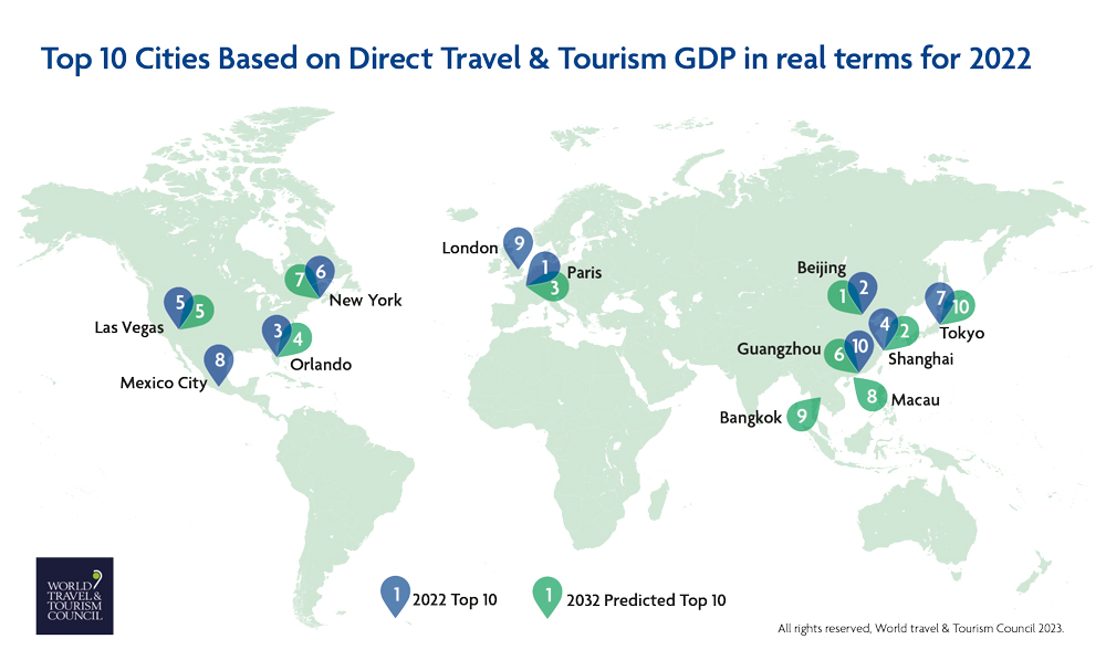 WTTC divulga ranking dos destinos mais poderosos do mundo em 2022 e 2032 WTTC-Cities-2023-PR-map-top10-GDP-1000px