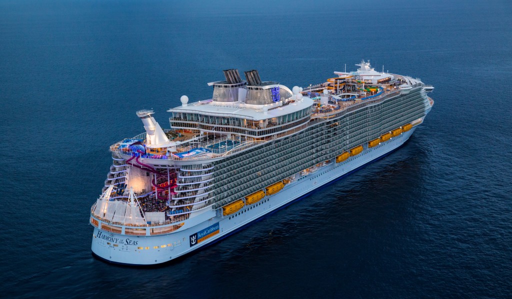 HM, Harmony of the Seas, Aerial, Offshore Barcelona (Spain) June 6, 2016, 3/4 view aft, rear, starboard side, at sea,