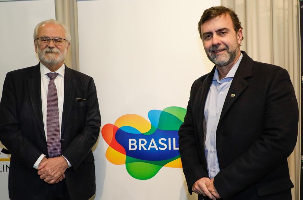 Embaixada do Brasil em Berlim recebe Embratur e delegação brasileira da ITB 2023; fotos Roberto Jaguaribe, embaixador, e Marcelo Freixo, presidente da Embratur, em evento na Embaixada