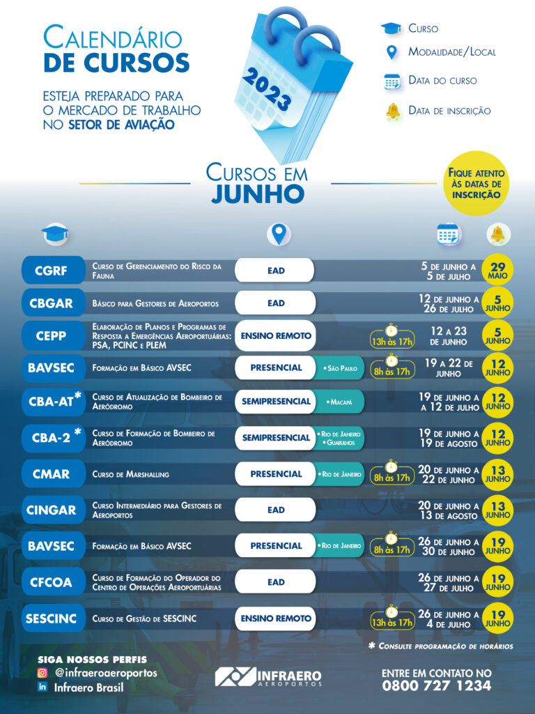 Infraero divulga calendário de cursos para o mês de junho Infraero divulga calendário de cursos para o mês de junho