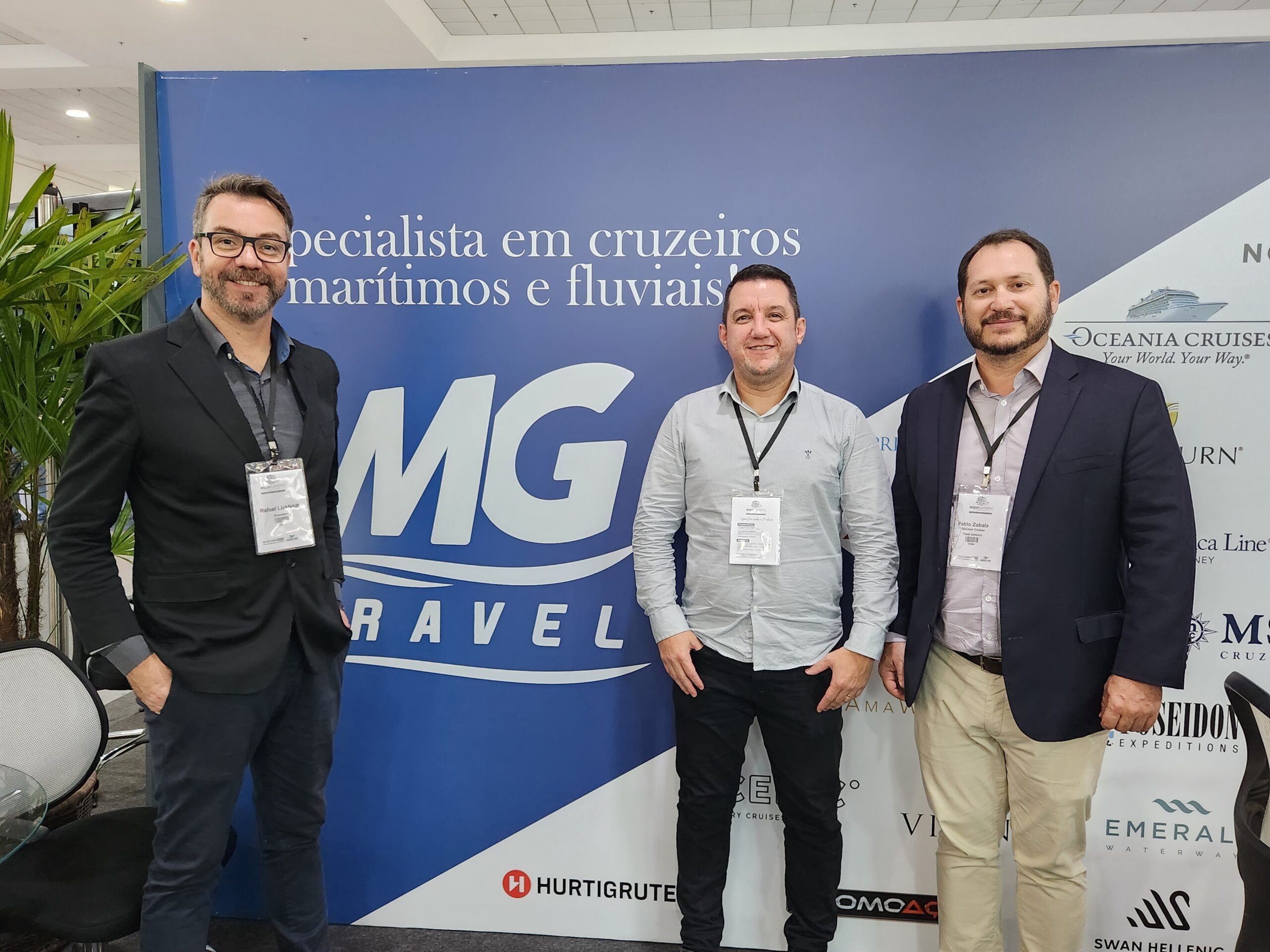 Rafael Lickfeldt e Márcio Fernando Rita, da MG Travel, e Pablo Zabala, Discover Cruises Rafael Lickfeldt e Márcio Fernando Rita, da MG Travel, e Pablo Zabala, Discover Cruises