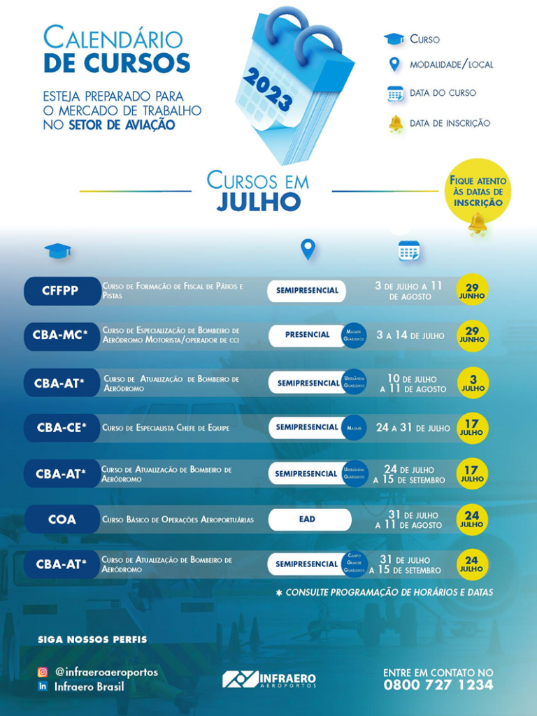 Infraero lança calendário de cursos do mês de julho