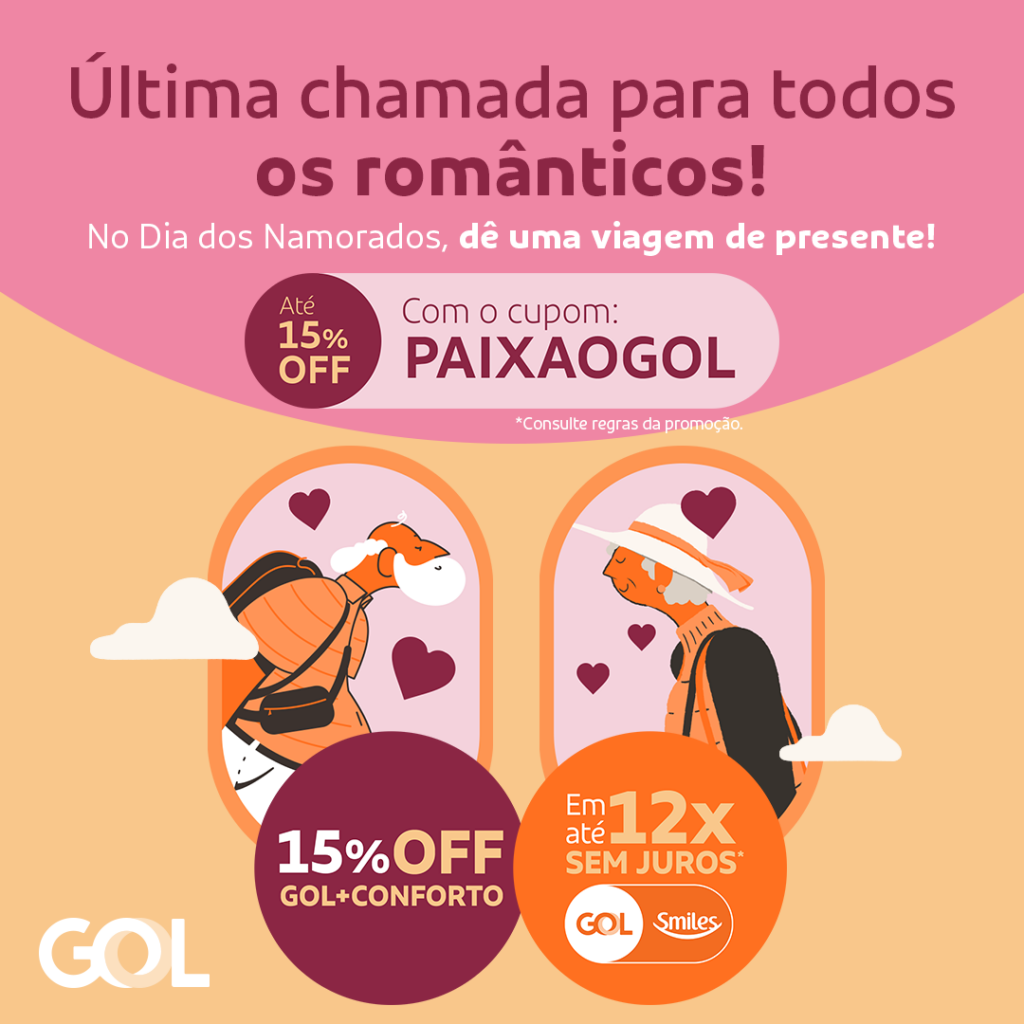 Gol anuncia descontos de até 15% em passagens aéreas neste Dia dos Namorados