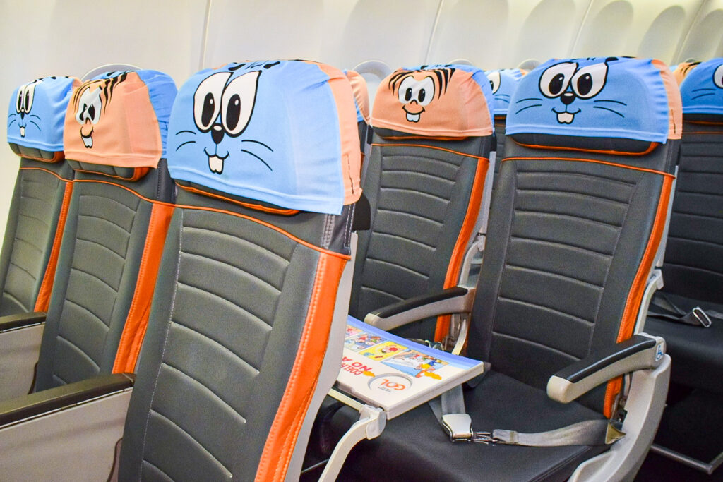 Assentos da aeronave com protetores de encosto e mesa de refeição personalizados