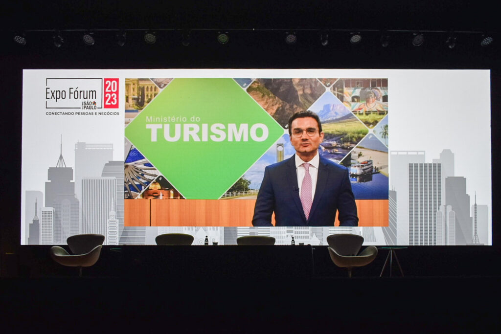 Ministro do Turismo Celso Sabino durante participacao por video no Expo Forum Sao Paulo Expo Fórum Visite São Paulo 2023 reúne trade em prol de oportunidades para o Turismo