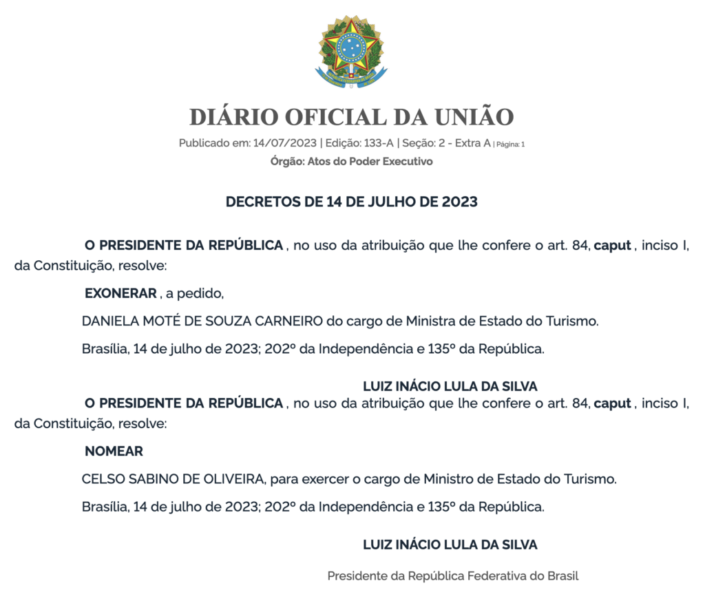 Screenshot 2023 07 14 at 16.26.41 OFICIAL: Celso Sabino é o novo ministro do Turismo