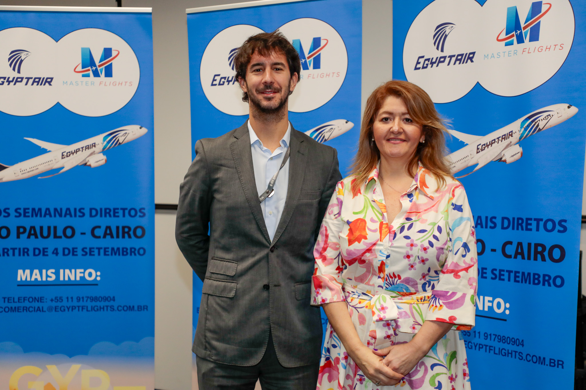 João Pita, do GRU Airport, e Marlene de Sousa, diretora Comercial da Master Flights João Pita, do GRU Airport, e Marlene de Sousa, diretora Comercial da Master Flights