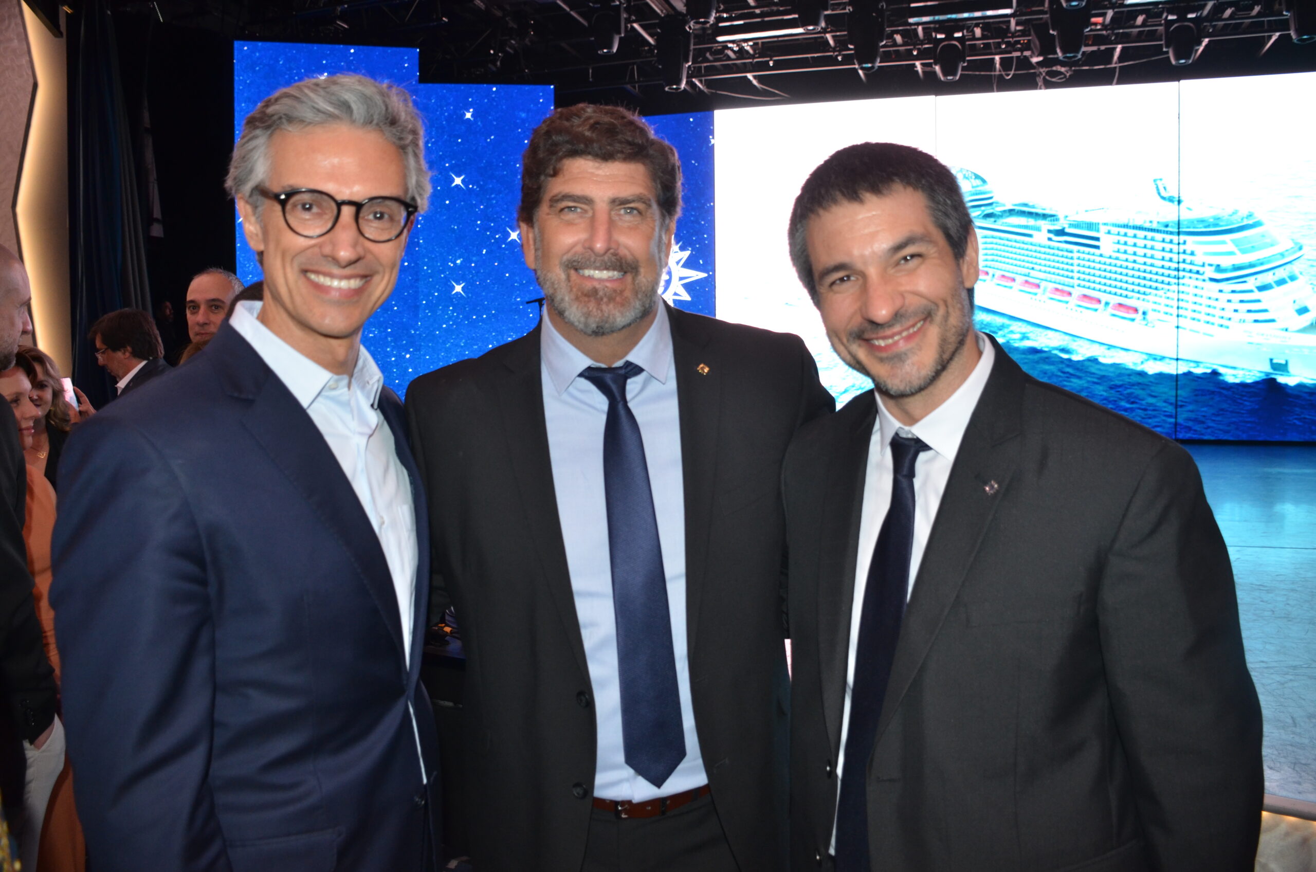Marco Ferraz, da Clia e Javier Massignani, da MSC Argentina com Ignacio Palacios, da MSC Brasil