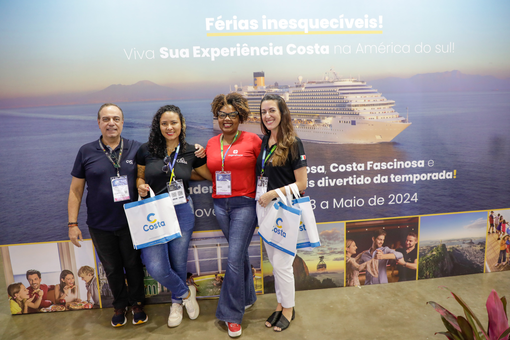 Orlando Palhares, da CVC Corp, Miriã Nascimento, da Costa Cruzeiros, Claudia Gonçalves, da ViagensPromo, e Marina Moreira, da Costa Cruzeiros Orlando Palhares, da CVC Corp, Miriã Nascimento, da Costa Cruzeiros, Claudia Gonçalves, da ViagensPromo, e Marina Moreira, da Costa Cruzeiros