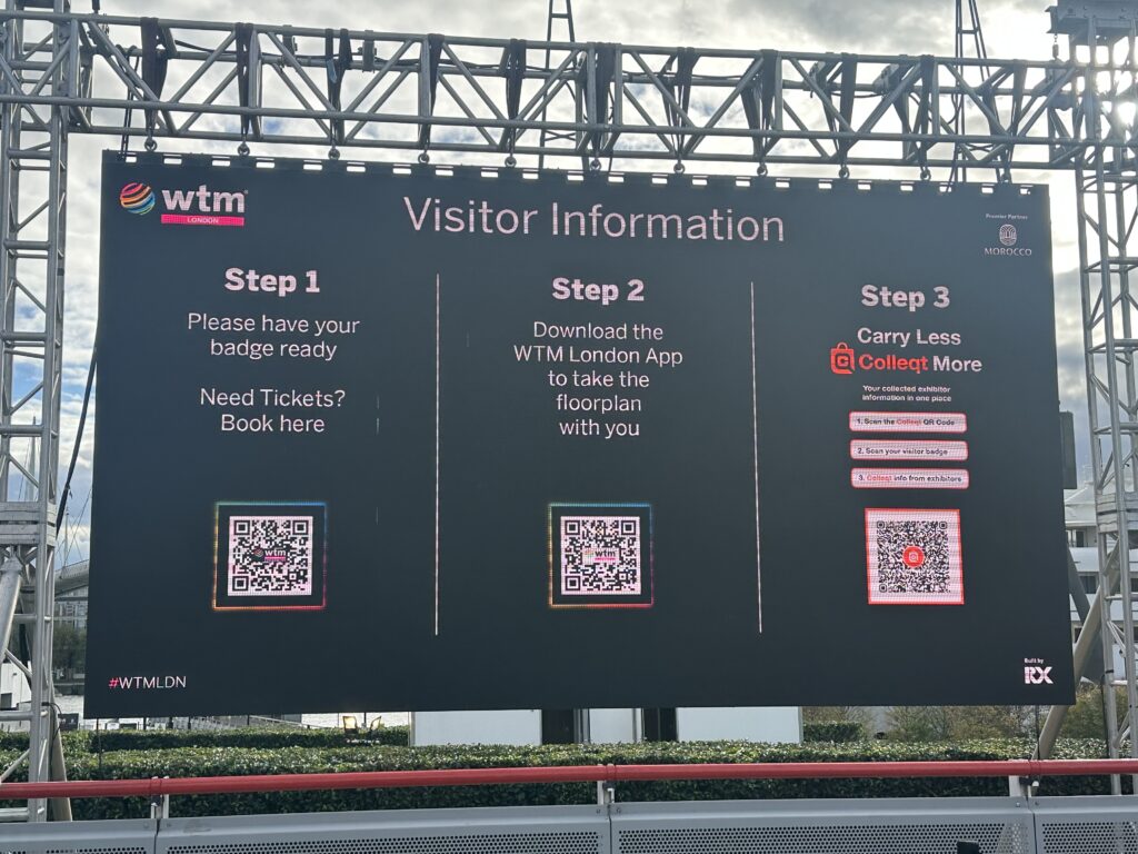 Painel de informações para os visitantes da WTM London 2023