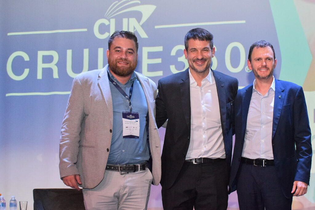 Gustavo Benetti, da NCL; Ignacio Palacios, da MSC; e Ruy Ribeiro, da Costa Cruzeiros