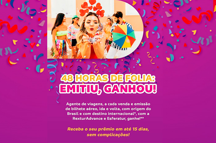 RexturAdvance lança campanha de incentivo com prêmios a cada emissão de bilhetes aéreos Entre hoje e amanhã, os agentes de viagens que emitirem bilhetes aéreos internacionais de qualquer companhia aérea ganharão automaticamente R$30 em vale-compras por emissão