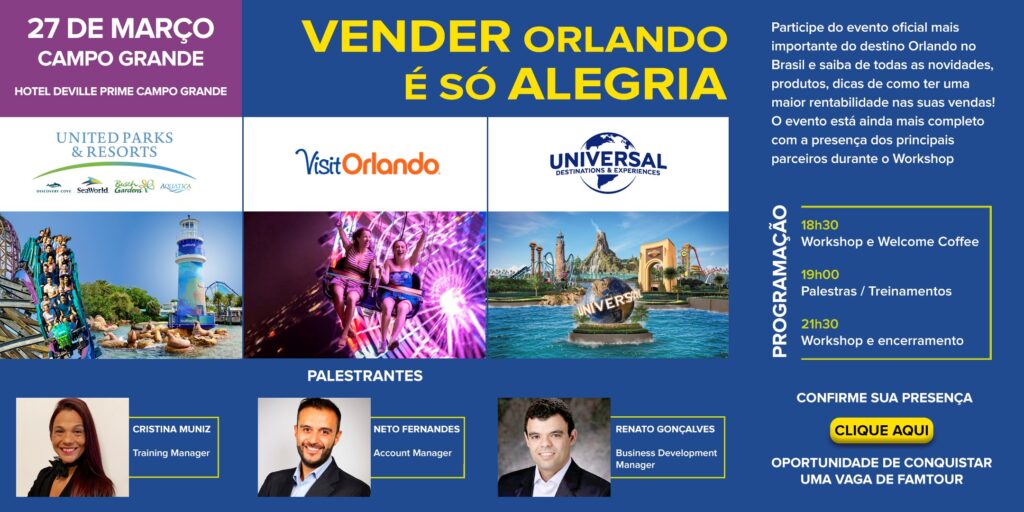 Campo Grande Invite Visit Orlando, Universal e SeaWorld realizam treinamentos no Centro-Oeste na próxima semana