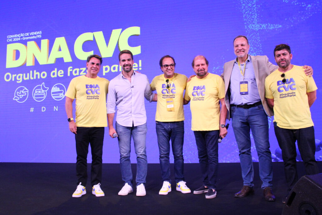 Secretário do MTur e governador do Rio Grande do Sul marcam presença na Convenção CVC 2024 1 Emerson Belan Eduardo Leite Fabio Godinho Guilherme Paulus Luiz Fernando e Gustavo Paulus Secretário do MTur e governador do Rio Grande do Sul marcam presença na Convenção CVC 2024