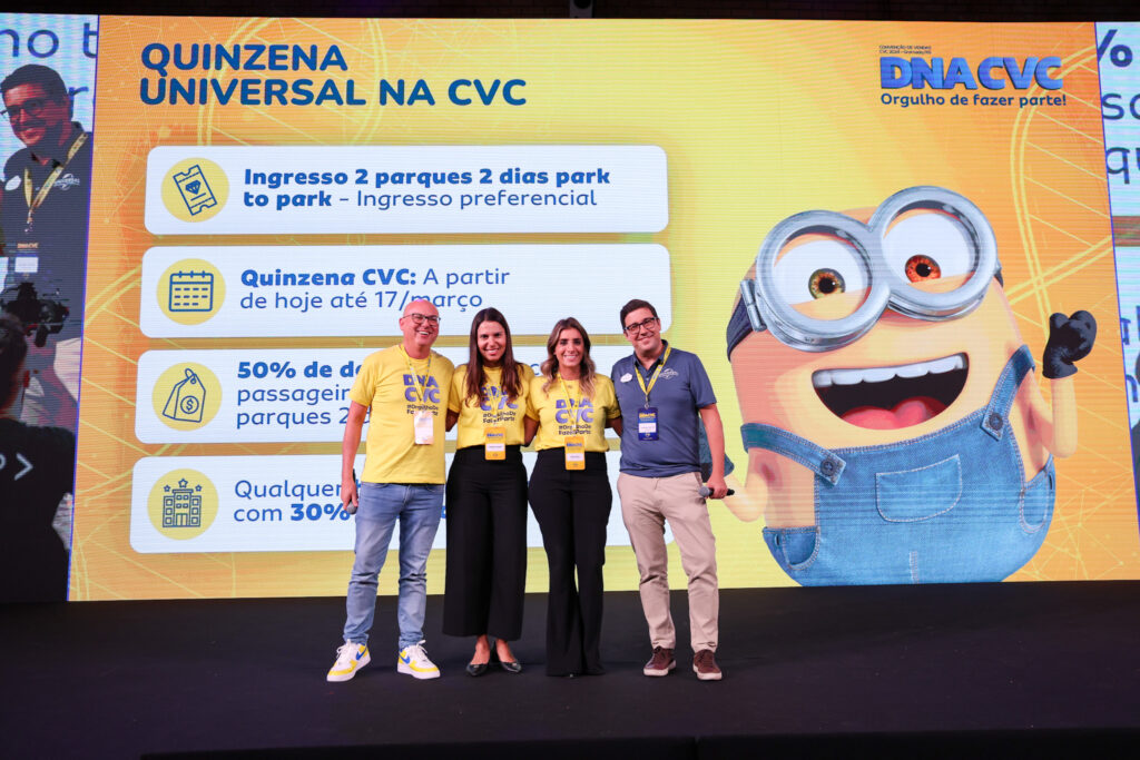Fabio Mader, Fernanda Paranhos e Paula Rorato, da CVC Corp, e Martim Diniz, da Universal