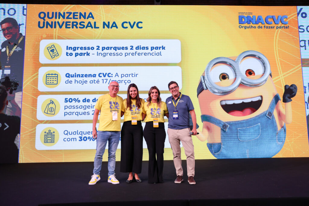 Fabio Mader Fernanda Paranhos e Paula Rorato da CVC Corp e Martin Diniz da Universal Quinzena Universal na CVC tem descontos em ingressos e hotéis até dia 17 de março