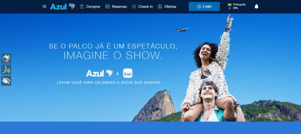 Pagina site Azul Com mais de 430 voos, Azul anuncia hub temporário no Galeão (RJ) para show da Madonna