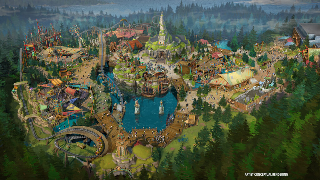 Vista aerea da area tematica 'Como Treinar Seu Dragão': Universal revela atrativos e detalhes da área temática no Epic Universe