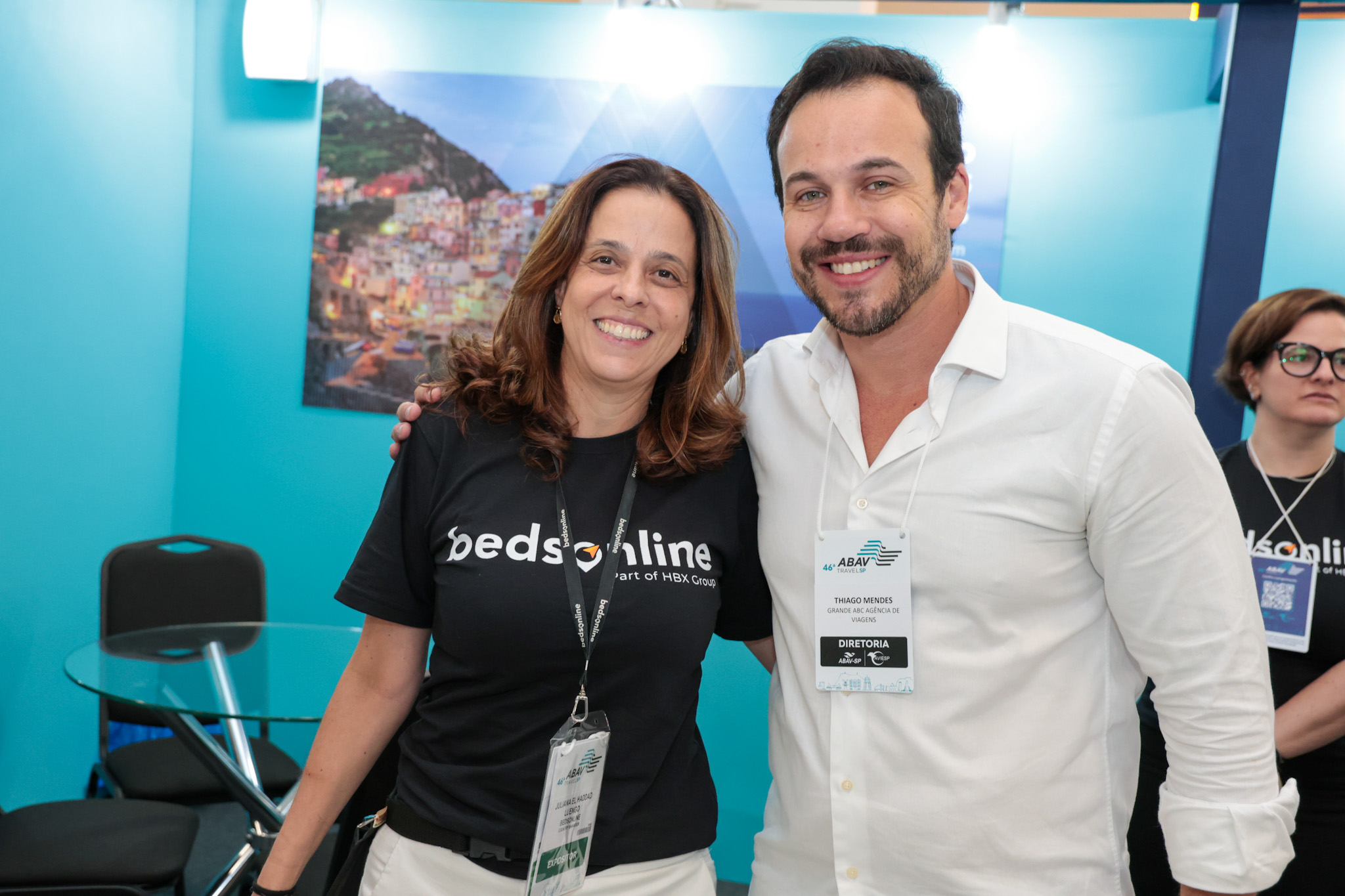 Juliana Luengo, da BedsOnline, e Thiago Mendes, da Abav-SP Aviesp Juliana Luengo, da BedsOnline, e Thiago Mendes, da Abav-SP Aviesp