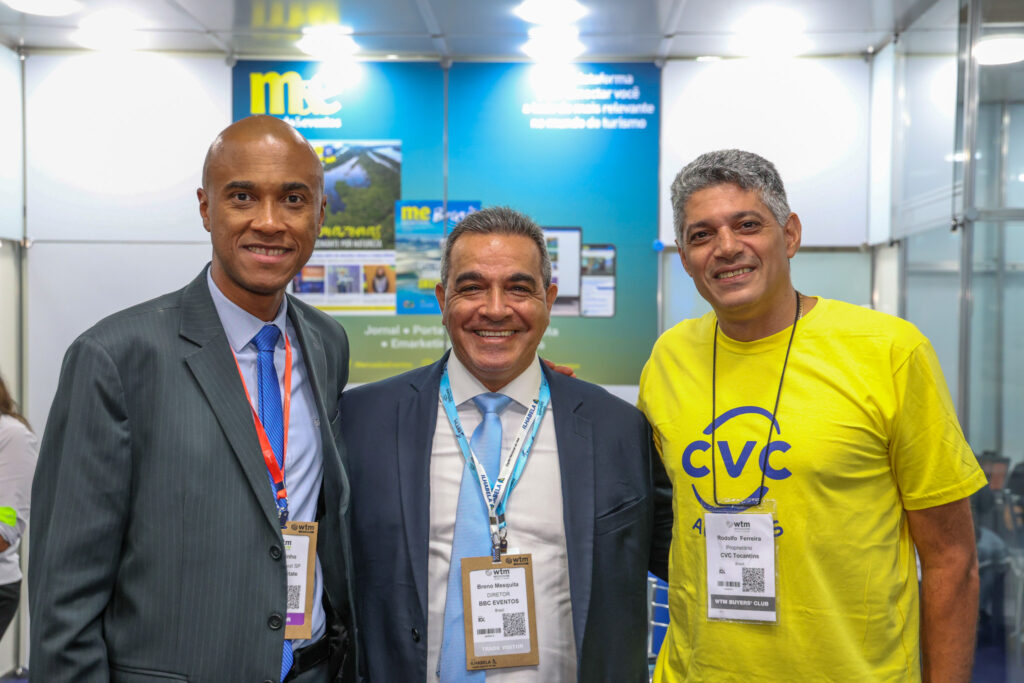 Luís Sobrino, da Setur-SP, Breno Mesquita, da BTM, e Rodolfo Pereira, da CVC Corp