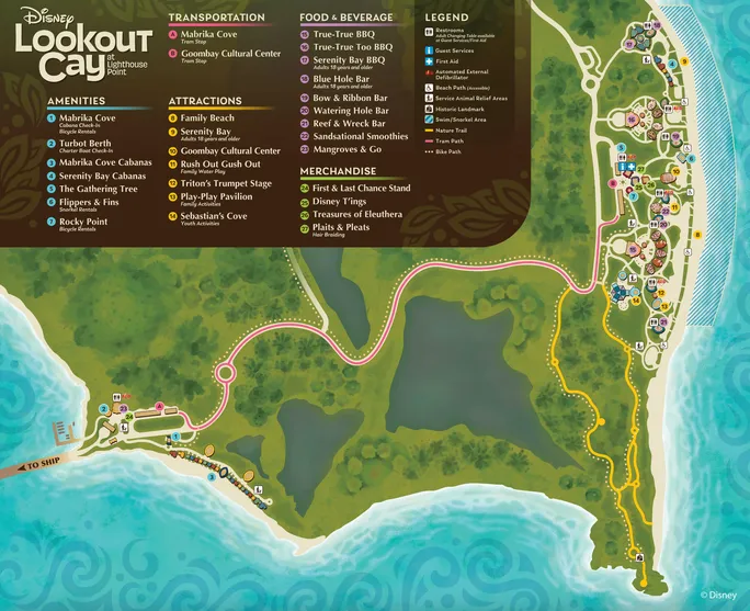 DCL avança na expansão de sua ilha particular e divulga primeiro mapa de atrações 2 Disney Lookout Cay Directory Map DCL avança na expansão de sua ilha particular e divulga primeiro mapa de atrações