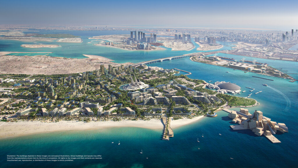 Governo de Abu Dhabi finaliza construção de novo distrito cultural em 2025 1 Saadiyat Cultural District 3D Render Daylight Aerial Image EN Governo de Abu Dhabi finaliza construção de novo distrito cultural em 2025