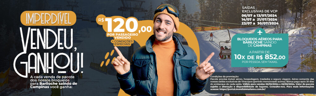 Mondiale by Ancoradouro dará bônus de R$ 120 por passageiro vendido para Bariloche Mondiale by Ancoradouro dará bônus de R$ 120 por passageiro vendido para Bariloche
