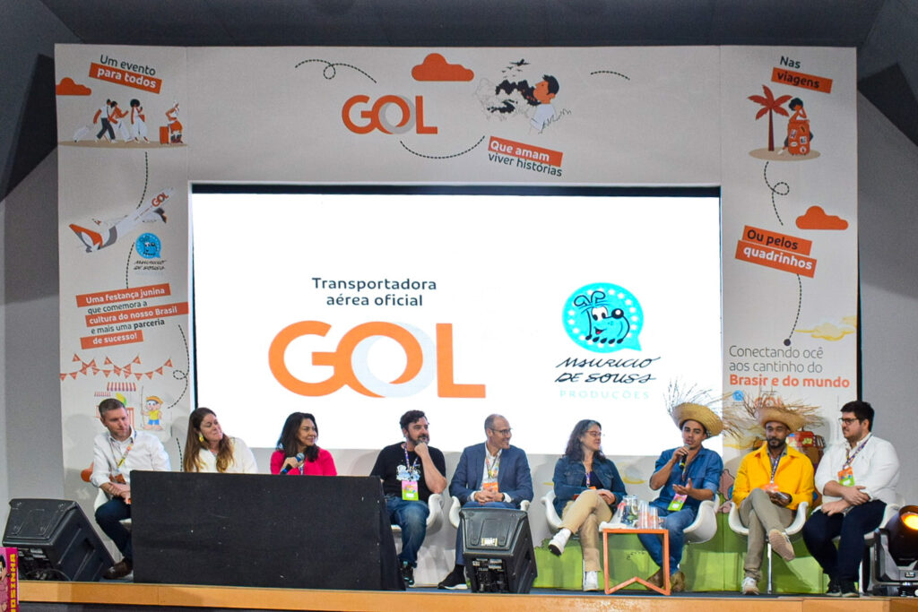 Painel da Gol com a equipe da companhia e da Maurício de Sousa Produções