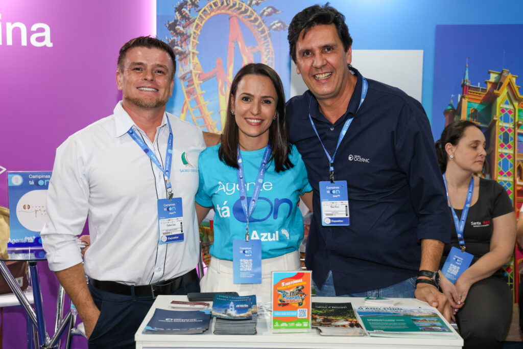 Cladimir Lima, da Rede Sagres, Marcela Spagnol, da Azul Viagens e Mano Neves, do Grupo Oceanic Cladimir Lima, da Rede Sagres, Marcela Spagnol, da Azul Viagens e Mano Neves, do Grupo Oceanic