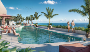 Imagem em 3D da piscina de um resort na Paraíba