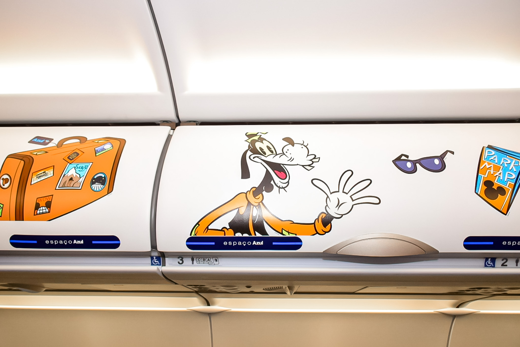 Além de itens que caracterizam o personagem, imagens dele também estão dispostas no interior do avião Além de itens que caracterizam o personagem, imagens dele também estão dispostas no interior do avião