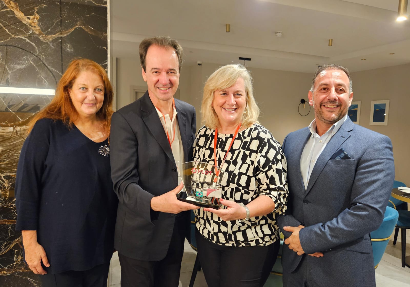 Marie Anne Barthet, gerente de desenvolvimento de negócios da United Travel, Eduardo Barbosa, presidente da Flot, Annete Taueber, diretora da Lufthansa, e Andrew Tabone, diretor comercial Hotel Barceló Fortina Malta
