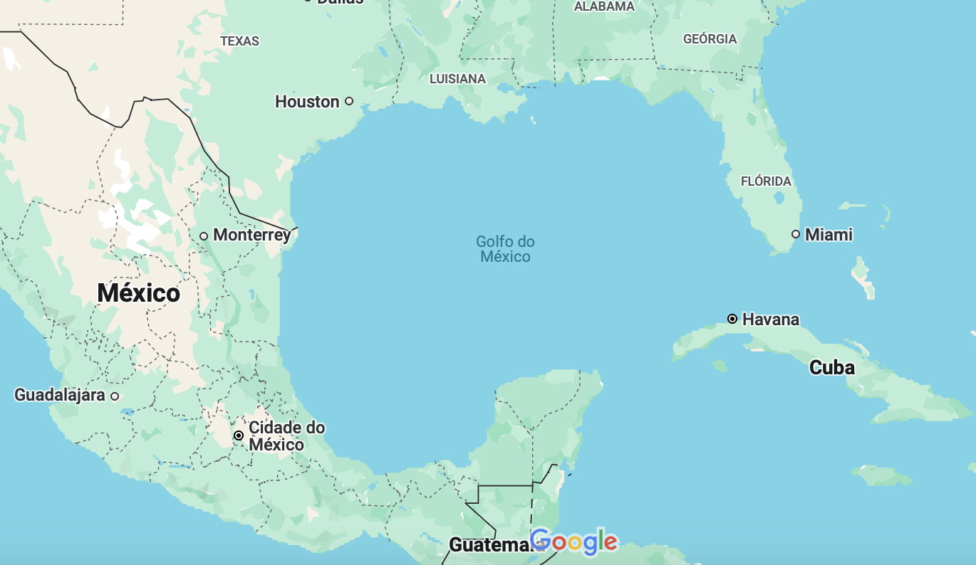 Google Maps mudará "Golfo do México" para "Golfo da América" à pedido de Donald Trump 1 Empresa afirma que nome mudará assim que for incluído nos sistemas oficiais do governo americano (Reprodução/ScreenShot/Google Maps)