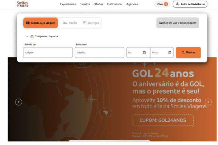 Smiles Viagens lança promoções para comemorar aniversário da Gol 1 Além das ofertas, a Smiles Viagens oferece benefícios exclusivos, como acesso ao Gol Premium Lounge no Aeroporto de Guarulhos (Reprodução do site/Smiles Viagens)