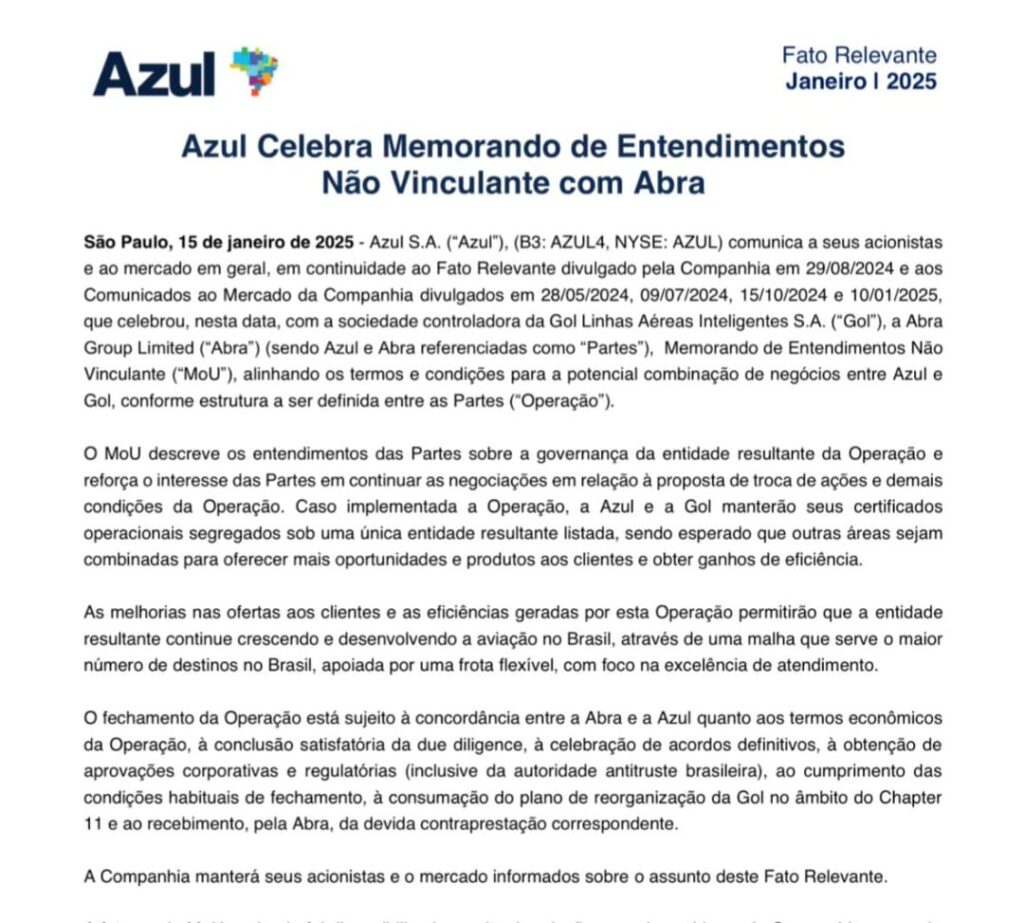 WhatsApp Image 2025 01 15 at 20.25.00 É oficial! Azul e Abra assinam memorando de entendimento com intenção de unir seus negócios no Brasil