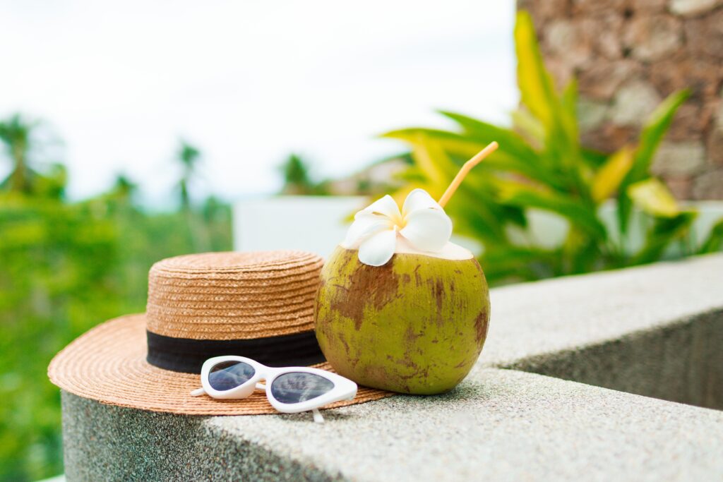 coconut cocktail decorated plumeria straw hat sunglasses table Atividades turísticas são responsáveis por 30% das vagas com carteira assinada no setor de Serviço, segundo Caged