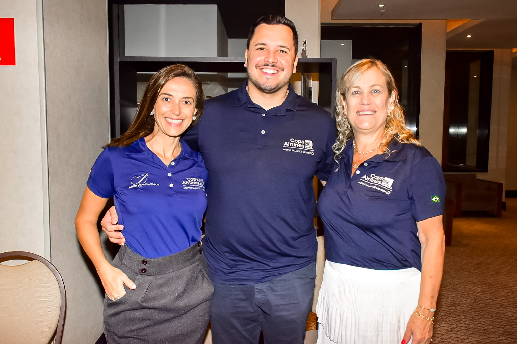 Karina Nascimento, João Chagas e Cristine Cortizo, da Copa Airlines Karina Nascimento, João Chagas e Cristine Cortizo, da Copa Airlines