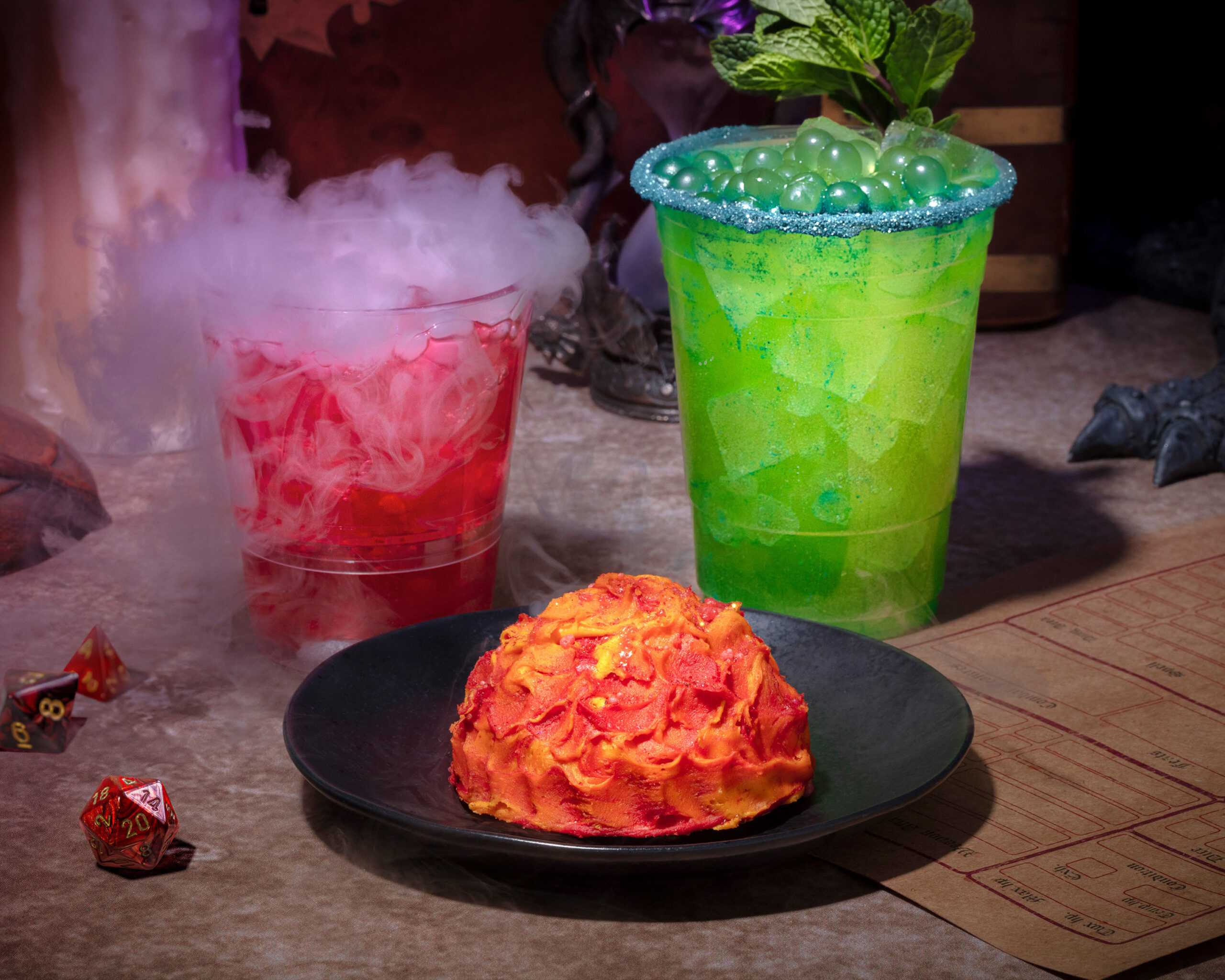 Prato e bebidas inspirados em elementos do Dungeons & Dragons, que será servido no Universal Fan Fest Nights no Universal Studios Hollywood Prato e bebidas inspirados em elementos do Dungeons & Dragons, que será servido no Universal Fan Fest Nights no Universal Studios Hollywood