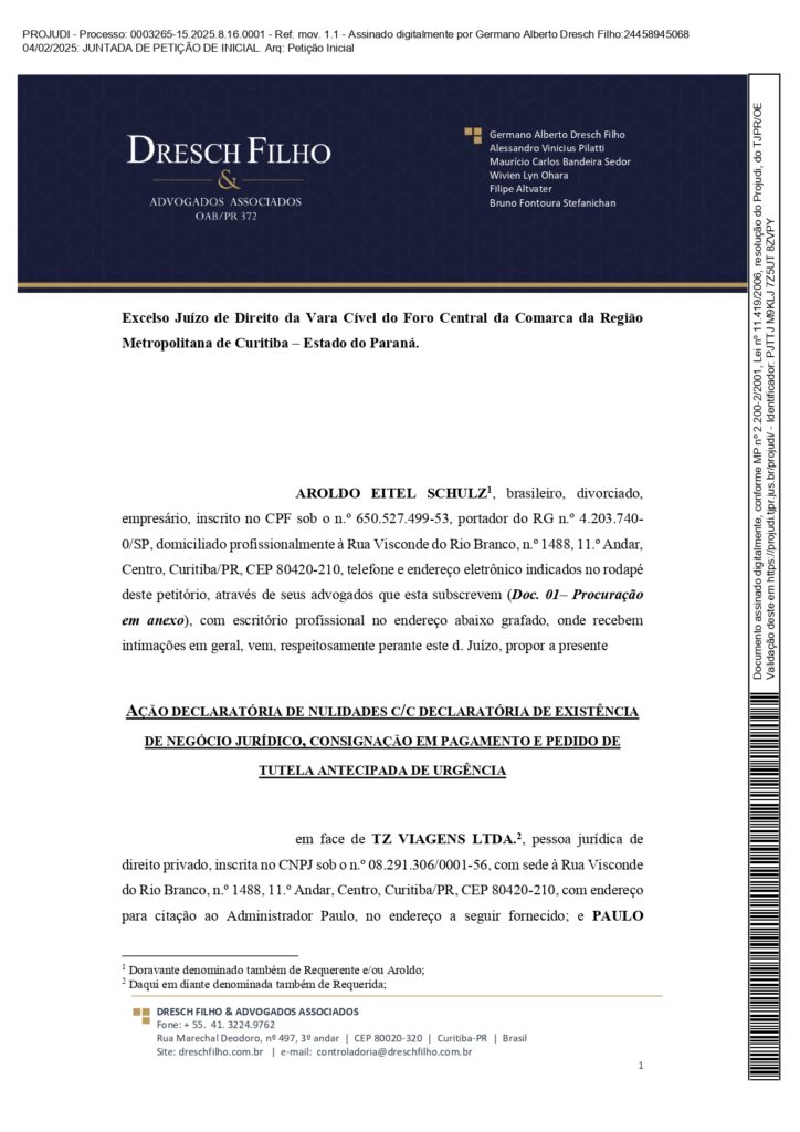 Franqueadora TZViagens Peticao Inicial AroldoSchultz Autos n. 0003265 15.2025.8.16.0001 page 0001 Na íntegra: confira a petição de Aroldo Schultz para retomar o controle da TZ Viagens