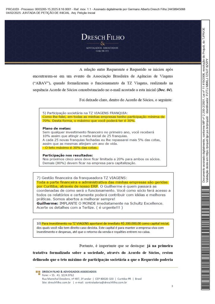 Franqueadora TZViagens Peticao Inicial AroldoSchultz Autos n. 0003265 15.2025.8.16.0001 page 0003 Na íntegra: confira a petição de Aroldo Schultz para retomar o controle da TZ Viagens