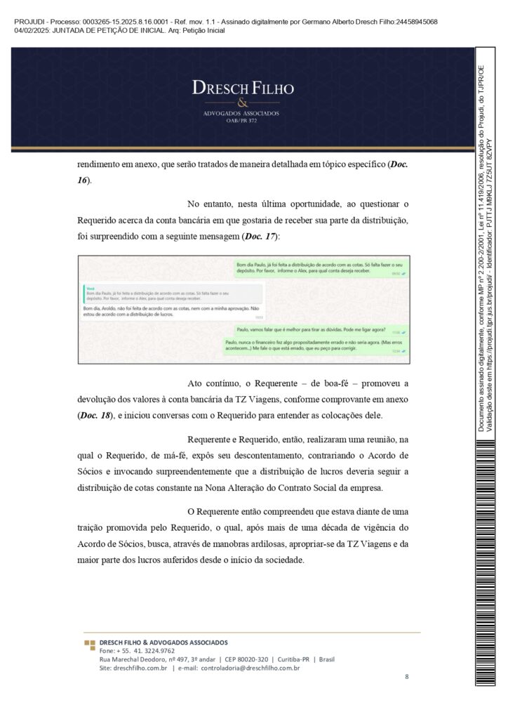 Franqueadora TZViagens Peticao Inicial AroldoSchultz Autos n. 0003265 15.2025.8.16.0001 page 0008 Na íntegra: confira a petição de Aroldo Schultz para retomar o controle da TZ Viagens