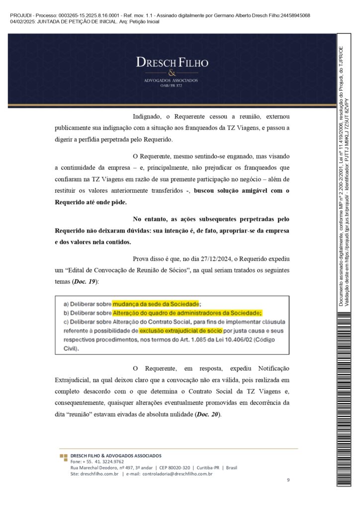 Franqueadora TZViagens Peticao Inicial AroldoSchultz Autos n. 0003265 15.2025.8.16.0001 page 0009 Na íntegra: confira a petição de Aroldo Schultz para retomar o controle da TZ Viagens