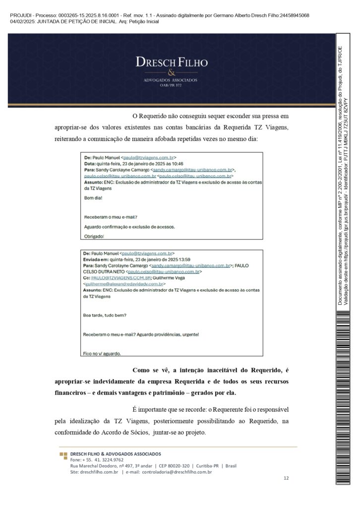Franqueadora TZViagens Peticao Inicial AroldoSchultz Autos n. 0003265 15.2025.8.16.0001 page 0012 Na íntegra: confira a petição de Aroldo Schultz para retomar o controle da TZ Viagens