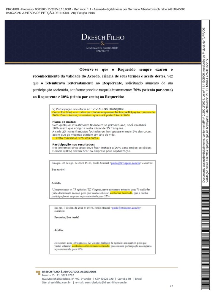 Franqueadora TZViagens Peticao Inicial AroldoSchultz Autos n. 0003265 15.2025.8.16.0001 page 0027 Na íntegra: confira a petição de Aroldo Schultz para retomar o controle da TZ Viagens