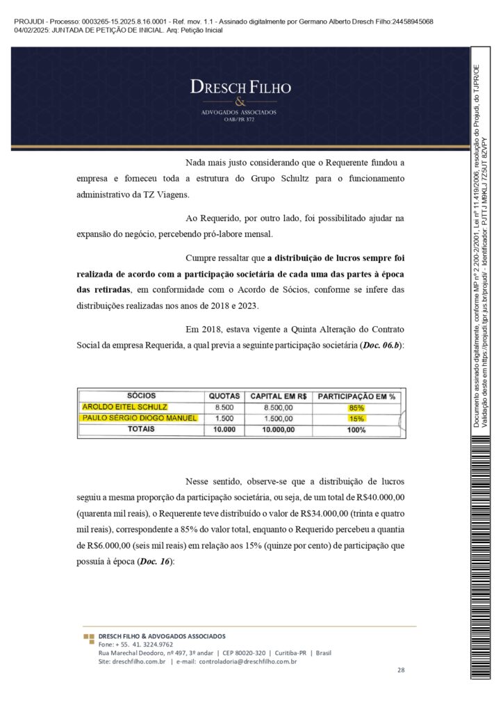 Franqueadora TZViagens Peticao Inicial AroldoSchultz Autos n. 0003265 15.2025.8.16.0001 page 0028 Na íntegra: confira a petição de Aroldo Schultz para retomar o controle da TZ Viagens