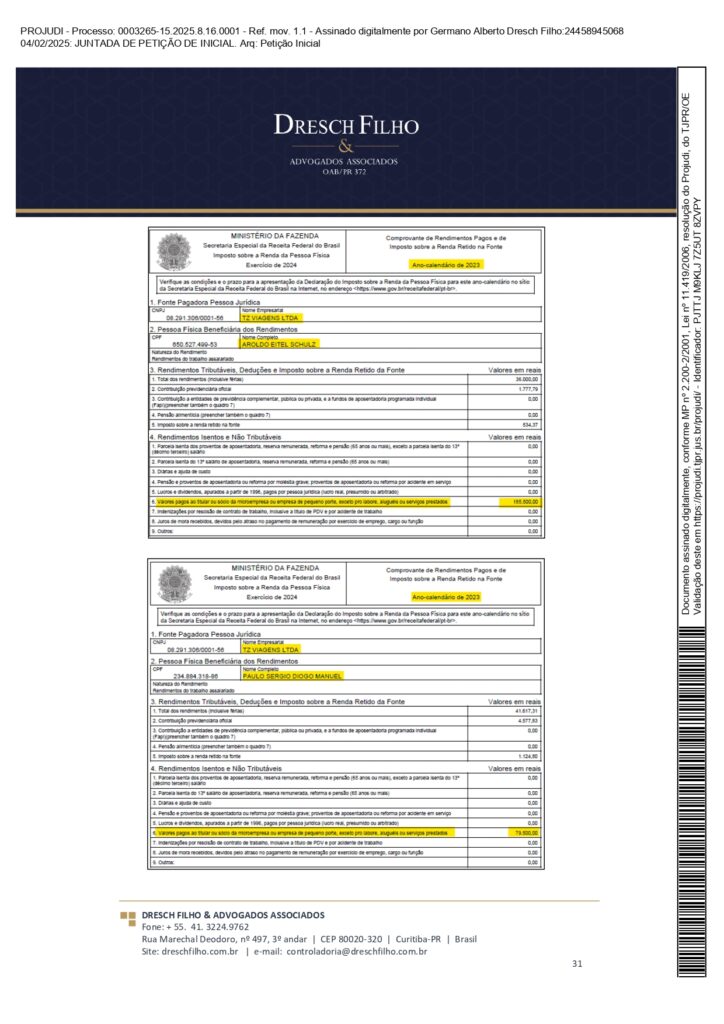 Franqueadora TZViagens Peticao Inicial AroldoSchultz Autos n. 0003265 15.2025.8.16.0001 page 0031 Na íntegra: confira a petição de Aroldo Schultz para retomar o controle da TZ Viagens